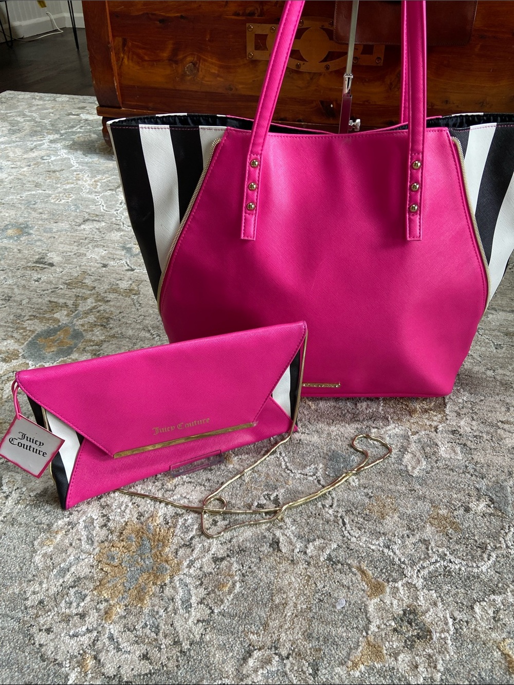 Juicy Couture Hot Pink Stripe Tote with Matching Clutch